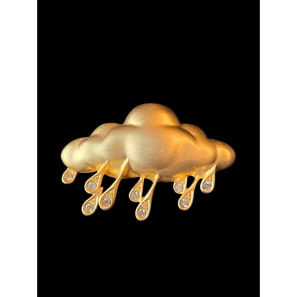 Vintage Jonette Jewelry JJ Rain Cloud Brooch Matte Gold Rhinestone Rare